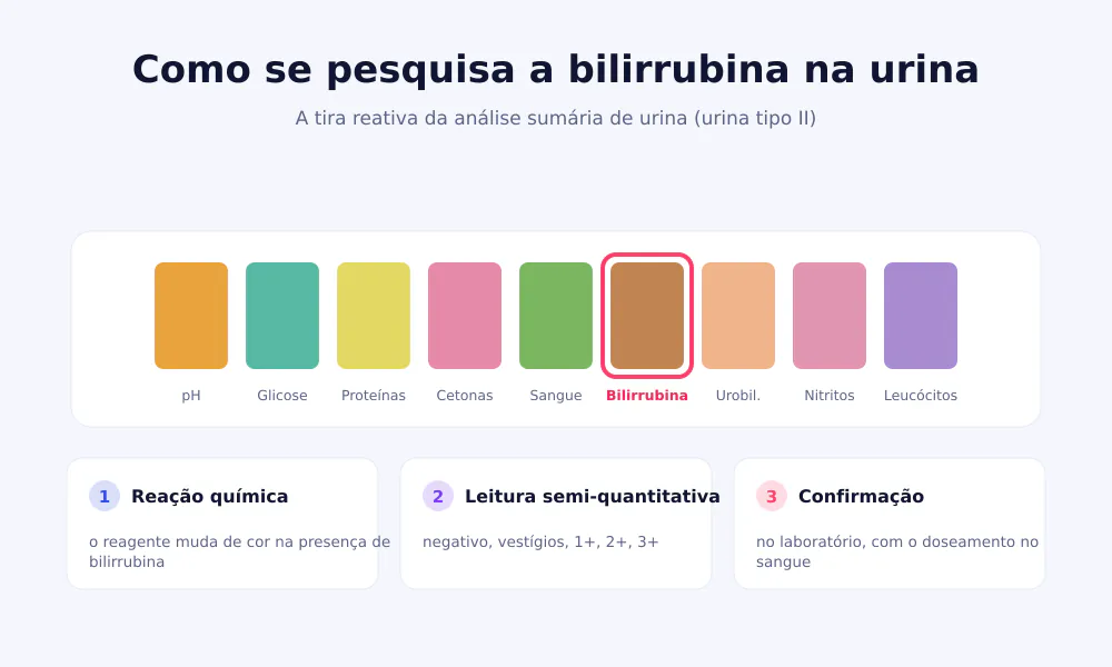 Ilustração de uma tira reativa de urina com nove almofadas coloridas, com a almofada da bilirrubina destacada