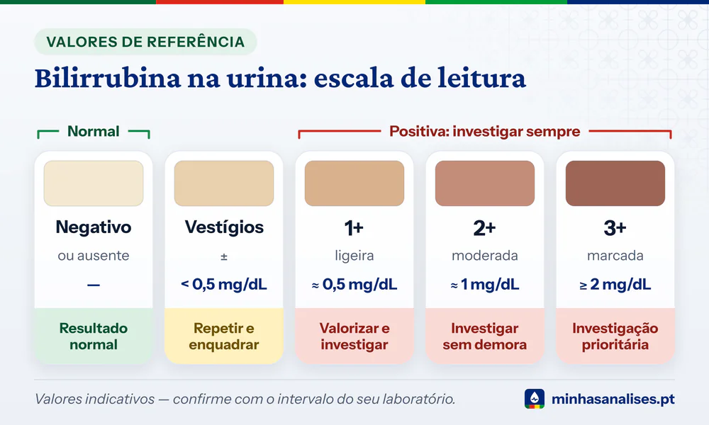Escala da bilirrubina na urina com cinco cores, de negativo a 3+, com os mg/dL aproximados e o que fazer em cada nível