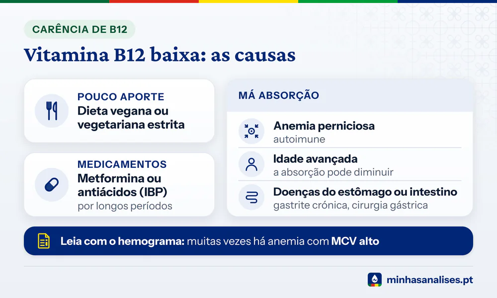 Causas da vitamina B12 baixa: dieta vegana, metformina ou IBP, anemia perniciosa, idade e doenças do estômago ou intestino