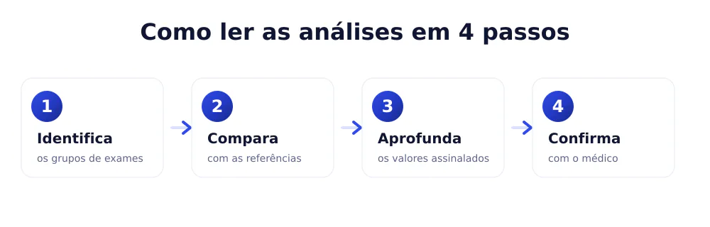 Infografia do processo para ler as análises de sangue: da prescrição à comparação com os valores de referência até à consulta médica