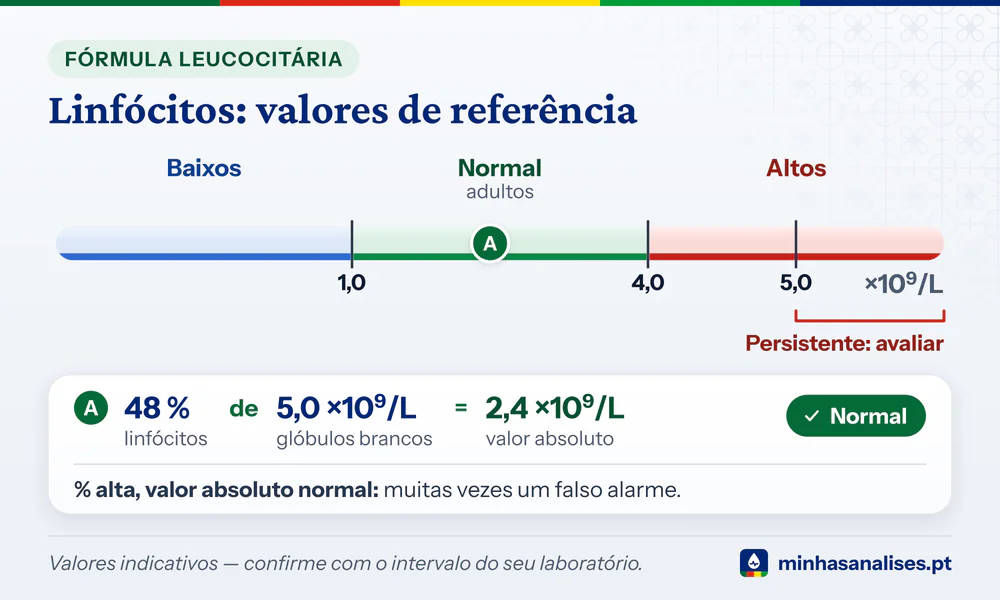 Barra dos linfócitos absolutos: normal 1,0–4,0 ×10⁹/L, avaliar se persistente acima de 5,0, e o cálculo 48 % de 5,0 = 2,4