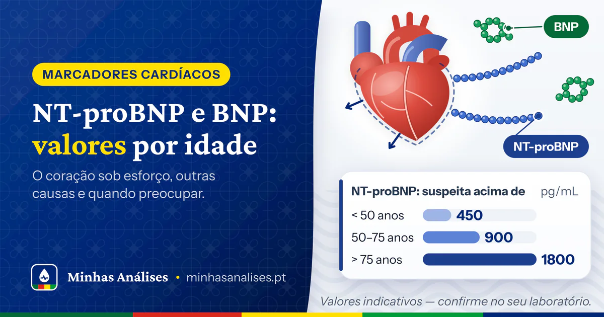 Coração sob esforço a libertar BNP e NT-proBNP e barras dos limiares do NT-proBNP por idade: 450, 900 e 1800 pg/mL